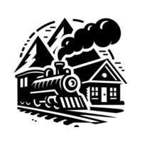 A stylized, monochrome illustration of a steam train chugging past a cabin in the mountains, with bold lines and circular composition. vector