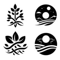 Symbolic black and white illustration of naturethemed logos, including a tree, a flower, and two circular landscape designs with celestial elements. vector