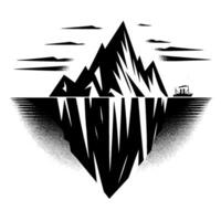 A , highcontrast illustration depicting an iceberg with its submerged base, a ship, and a stylized mountain range under a cloudy sky. vector