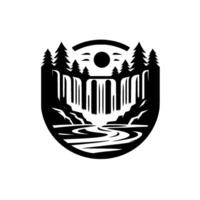 Monochrome Silhouette of a Waterfall Cascading into a River with Forest Trees, Sun, and Arch Elements Within a Badgelike Circular Frame vector