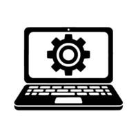 Minimalist black laptop with gearcogwheel symbol on screen, representing settings, configurations, and tech solutions. vector
