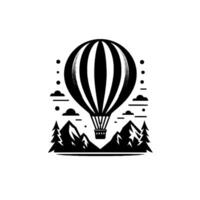 Monochromatic illustration of a striped hot air balloon soaring above mountains and trees, framed in a circle. vector
