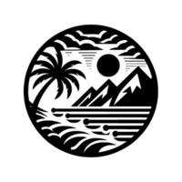 Silhouette of a tropical island landscape featuring a palm tree, mountains, and ocean under a sun and cloudfilled sky within a circular frame. vector