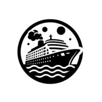 Circular Black and White of a Cruise Ship Sailing on Wavy Seas with a Smokestack and Dots. vector