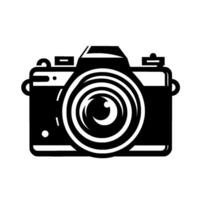 Stylized Black and White Camera Illustration with Focused Lens, Minimalist on White Background. vector