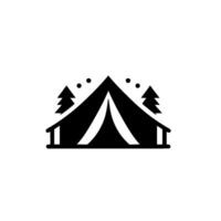 A minimalist black and white camping , featuring a tent flanked by stylized trees under a simple dotted sky, evoking tranquility and nature. vector