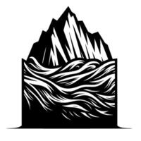 Black and white stylized illustration depicting a mountain range over turbulent water within a rectangular frame. vector