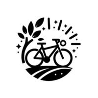Black and White Cyclist Emblem A Silhouette Bicycle, Tree, Field, and Embellishments in Circular Composition, NatureThemed. vector