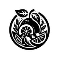 Monochromatic Citrus Delight A stylized black and white illustration featuring a whole fruit, slices, leaves, and decorative elements within a circular frame. vector