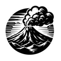 Black and white stylized illustration of a volcanic eruption inside a circular frame, featuring bold mountain silhouette, dramatic cloud formation, and serene horizontal lines. vector
