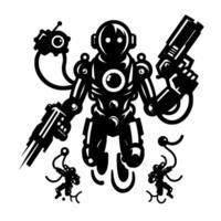 Black white stylized illustration a central robot figure armed with two futuristic firearms and supporting drone units in a sciencefiction style. vector