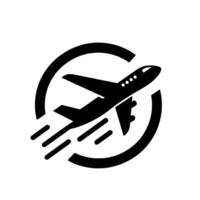 Silhouette of a jet plane taking off within a circle, with speed lines, conveying travel aviation concepts. vector