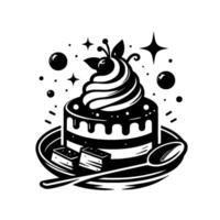Stylized Black and White Illustration of a Layered Cake with Whipped Cream, Berries, and Chocolate Drizzle, Served with Spoon and Dessert Squares. vector