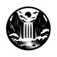 Stylized monochrome circular artwork depicting a waterfall cascading between mountain peaks, with trees, sun and clouds. vector