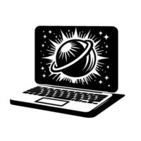 Black and white art laptop displaying a stylized planet with rings surrounded by stars and radiant lines. vector