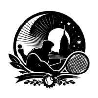 Tennis Player Silhouette Serving with Empire State Building Background in a Circular Emblem with Botanical Elements. vector