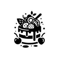 Monochromatic Illustration of a Layered Cake with Dripping Glaze, Topped with Berries, Cherries, and a Dessert Spoon, Isolated on White. vector