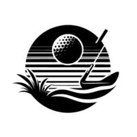 Black and white minimalist golfthemed with ball, club, and course elements, set against a striped sun backdrop, signifying the sport. vector