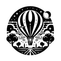 Stylized black and white illustration of a hot air balloon floating above a landscape with trees, clouds, a plane, moon, and stars, all within a circular frame. vector
