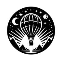 Silhouette of a hot air balloon soaring above mountains under a crescent moon and starry night sky, all contained within a circular frame. vector