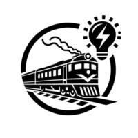 Retro Black White Illustration of a Train and Lightbulb, Conceptualizing Technological Innovation. vector