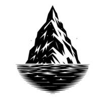 Black and white illustration of a mountain iceberg with a sharp peak, floating in the water with stylized clouds. vector