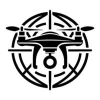 Minimalist black drone illustration with propeller, lens, and legs, framed by a globe or navigation symbol, on a white background. vector