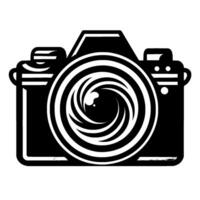 Bold Black and White Illustration of a Retro Camera with Swirling Lens, Isolated on White. vector