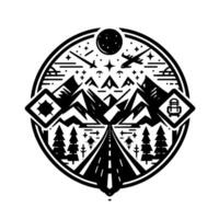 Black and White Mountainous Landscape with Road, Trees, and Celestial Elements within a Circular Frame, Featuring Airplane and Meteor. vector
