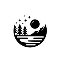 Minimalist circular featuring trees, mountain, moon, and stars, evoking a tranquil nighttime landscape in a simple, style. vector