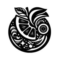 Intricate Black and White Circular Citrus Fruit Composition Featuring Lemon Slice, Ornate Elements and Foliage Against a White Background. vector