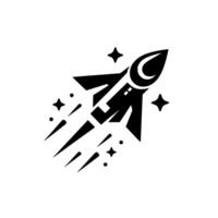 Black and white illustration of a stylized rocket ship blasting off, surrounded by stars, and trails against a clean white backdrop, symbolizing space exploration and innovation. vector