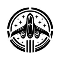 A sleek black and white spaceship enclosed in a circular frame with stars. vector