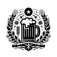 A Black and White Emblem Featuring a Beer Mug with Froth, Surrounded by Wheat, Stars and Geometric Elements. vector
