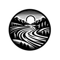 A circular minimalist landscape illustration showcasing a winding river between rolling fields and mountains, with a stylized sun, all contained within a circle and rendered in contrasting black and w vector