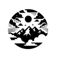 A monochromatic circular featuring stylized mountain peaks, clouds, stars, and a sun, creating a minimalist landscape illustration. vector