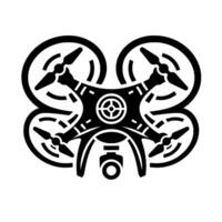 Bold, minimalist black and white illustration of a symmetrical drone, featuring propellers and central targetlike , casting a subtle shadow. vector