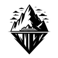 A minimalist, symmetrical black and white illustration depicting a cruise ship at sea, mountains, and clouds, with a mirrored reflection in the water. vector
