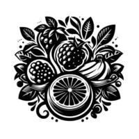 illustration of a stylized fruit arrangement, featuring a pomegranate, raspberry, banana, orange, and leaves in a monochrome palette. vector