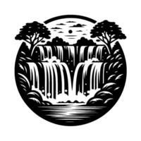 Stylized Black and White Nature Scene Cascading Waterfalls, Trees, and Sun within a Circular Frame, evoking Peace and Tranquility. vector
