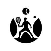 Silhouette of a Tennis Player in Action, Holding Racket, with Tennis Balls and Abstract Oval Frame, Black and White . vector