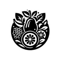 Bold Black and White Circular Composition featuring a Pear, Citrus Slice, Berries, Leaves, and Banana. vector