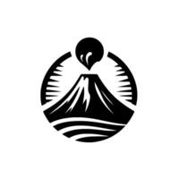 Black and white stylized of a volcanic mountain with an erupting plume within a circular frame, evoking nature and power. vector