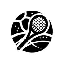 Black and White Tennis Emblem Circular Featuring a Racket with Intricate Details, Surrounded by Abstract, Flowing Forms and Subtle Dot Accents, on White Background. vector