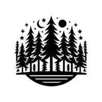 Silhouette of a serene coniferous forest scene under a crescent moon, stars and sun in a round black and white composition. vector