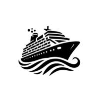 Bold Black and White Illustration of a Cruise Ship Navigating the Ocean Waves, Simple and Modern . vector