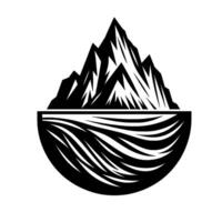Abstract black and white illustration featuring stylized mountains and flowing water, representing natures duality in a simple, elegant . vector
