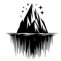 Serene Black and White Mountainscape with Starry Sky Reflection on Calm Waters. vector