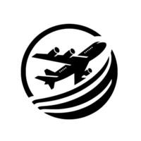 Sleek Black and White Airline Featuring a Jet in Flight, Encased within a Circular Frame with Dynamic Curving Lines, and Clean Aesthetic. vector