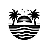 Minimalist Black and White Beach Scene with Palm Trees, Sunset, Birds, and Ocean Waves in a Circular Composition. vector